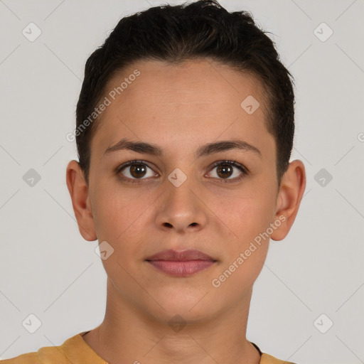 Neutral white young-adult female with short  brown hair and brown eyes