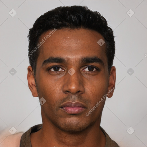 Neutral black young-adult male with short  black hair and brown eyes
