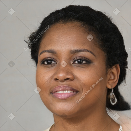 Joyful black young-adult female with medium  black hair and brown eyes