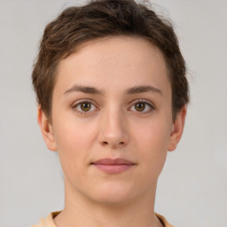 Neutral white young-adult female with short  brown hair and brown eyes