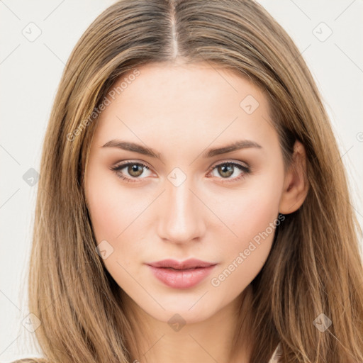 Neutral white young-adult female with long  brown hair and brown eyes