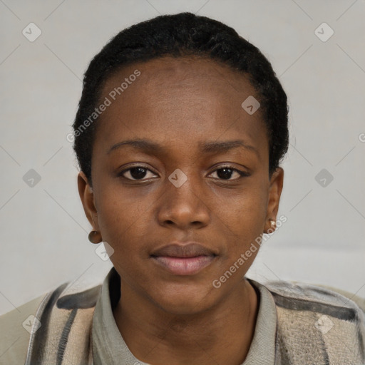 Neutral black young-adult female with short  black hair and brown eyes