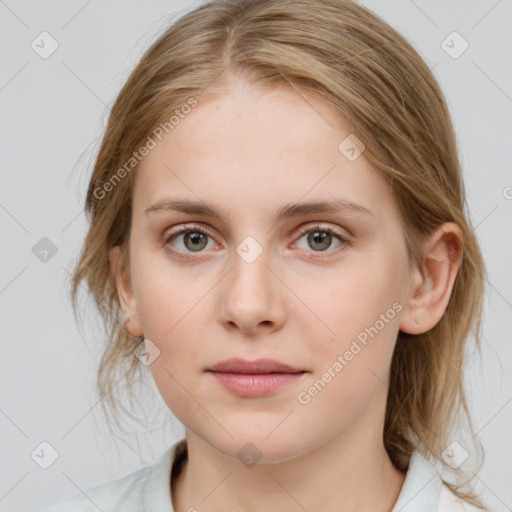 Neutral white young-adult female with medium  brown hair and blue eyes