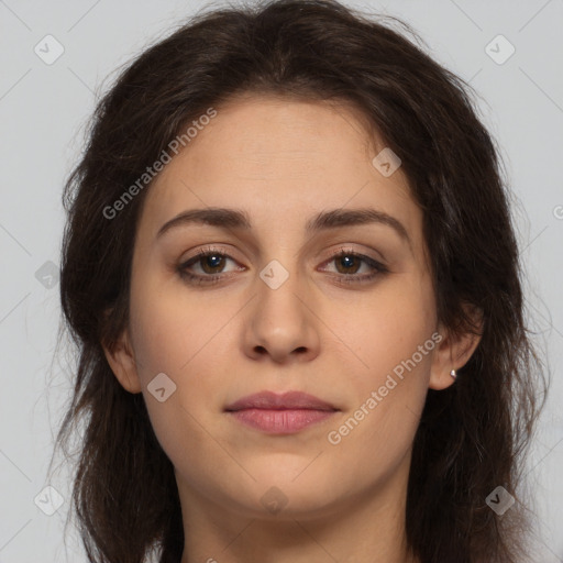 Neutral white young-adult female with long  brown hair and brown eyes