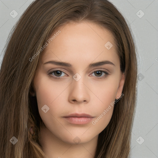 Neutral white young-adult female with long  brown hair and brown eyes