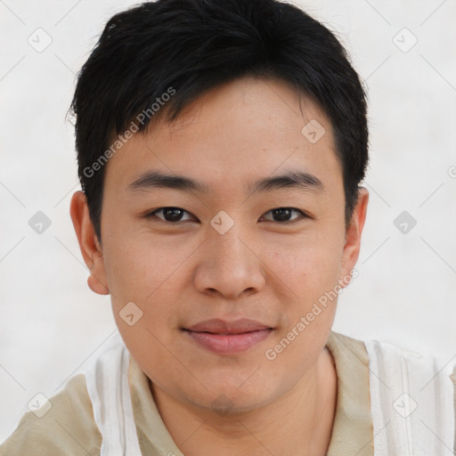 Joyful asian young-adult male with short  brown hair and brown eyes