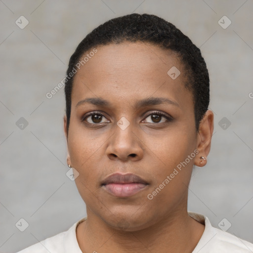 Neutral black young-adult female with short  black hair and brown eyes