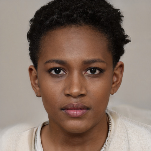 Neutral black young-adult female with short  brown hair and brown eyes