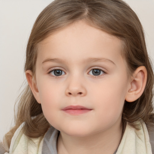 Neutral white child female with medium  brown hair and grey eyes