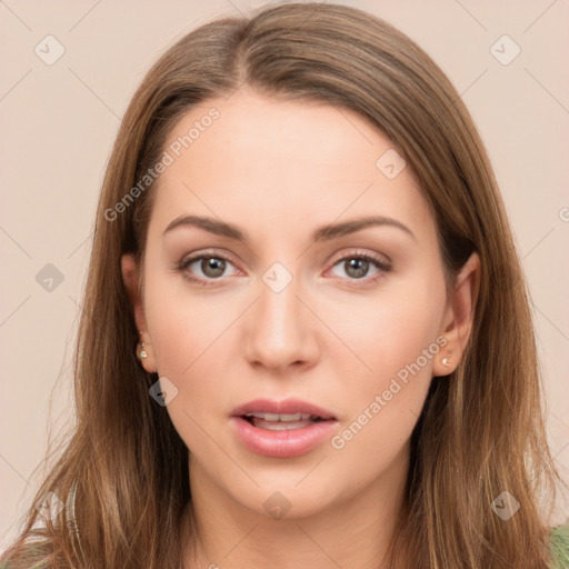 Neutral white young-adult female with long  brown hair and brown eyes