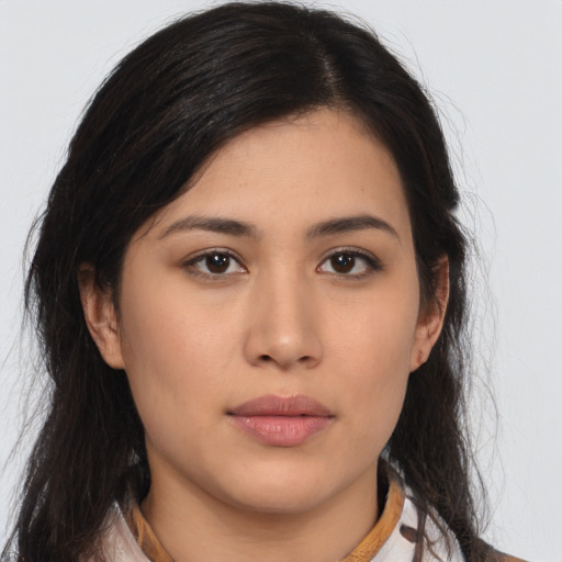 Neutral asian young-adult female with long  brown hair and brown eyes