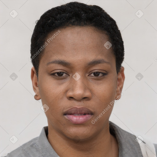 Neutral black young-adult female with short  black hair and brown eyes