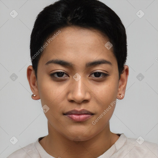 Joyful asian young-adult female with short  black hair and brown eyes