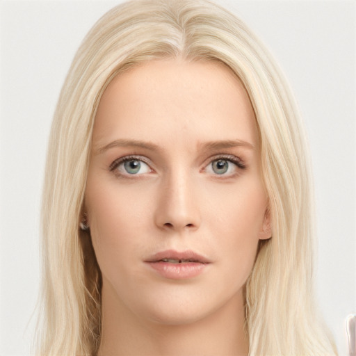 Neutral white young-adult female with long  blond hair and blue eyes