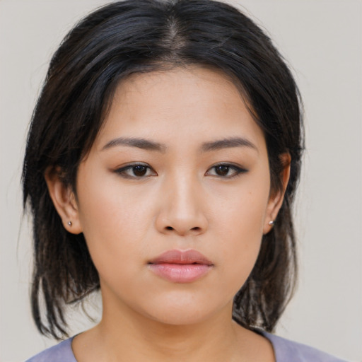 Neutral asian young-adult female with medium  black hair and brown eyes