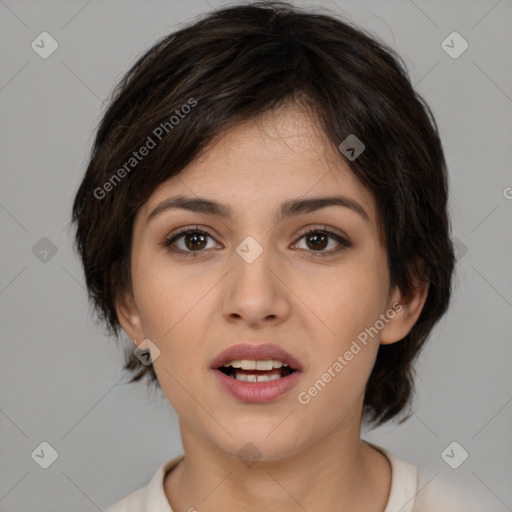 Joyful white young-adult female with medium  brown hair and brown eyes