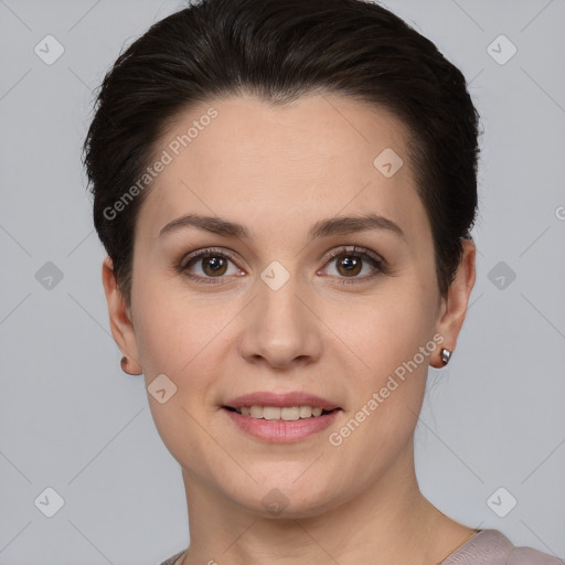 Joyful white young-adult female with short  brown hair and brown eyes