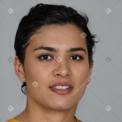 Joyful latino young-adult female with short  brown hair and brown eyes