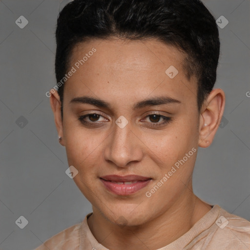 Joyful white young-adult female with short  brown hair and brown eyes