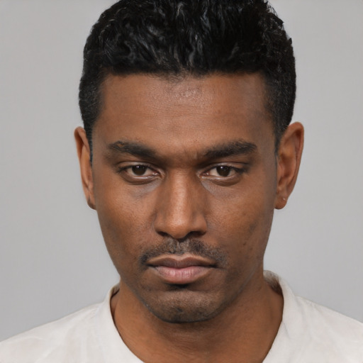 Neutral black young-adult male with short  black hair and brown eyes