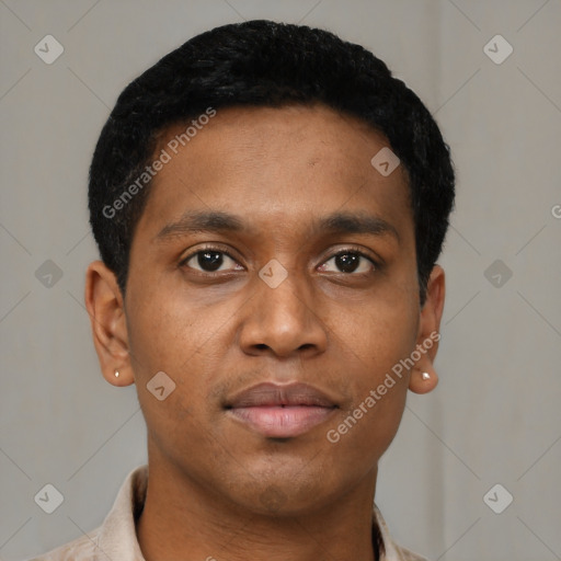 Neutral black young-adult male with short  brown hair and brown eyes