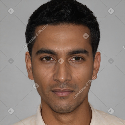 Neutral latino young-adult male with short  black hair and brown eyes