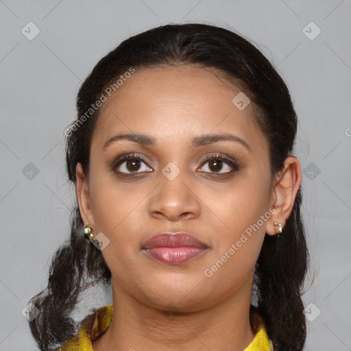 Neutral latino young-adult female with medium  brown hair and brown eyes