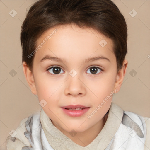 Joyful white child female with short  brown hair and brown eyes