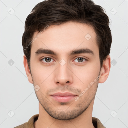 Neutral white young-adult male with short  brown hair and brown eyes