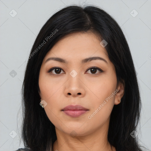 Neutral asian young-adult female with long  black hair and brown eyes