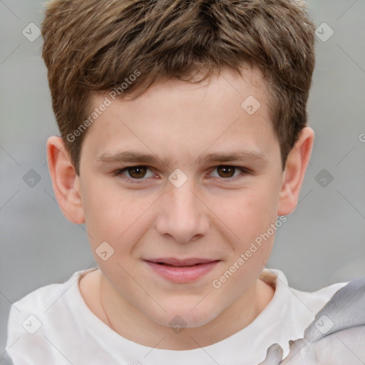 Joyful white child male with short  brown hair and brown eyes