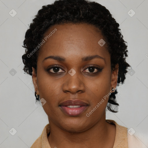 Neutral black young-adult female with short  brown hair and brown eyes