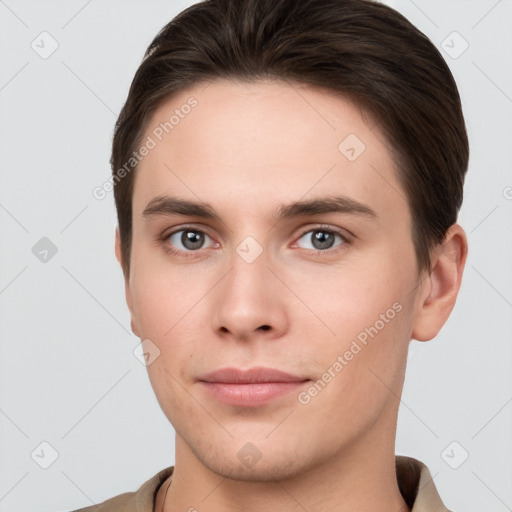 Neutral white young-adult male with short  brown hair and brown eyes