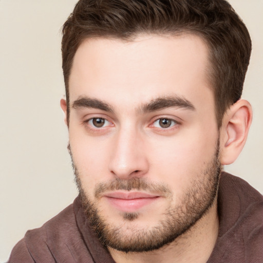 Neutral white young-adult male with short  brown hair and brown eyes