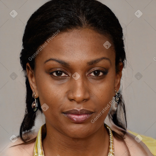 Neutral black young-adult female with medium  brown hair and brown eyes