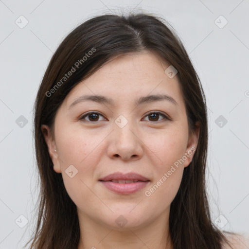 Joyful white young-adult female with long  brown hair and brown eyes