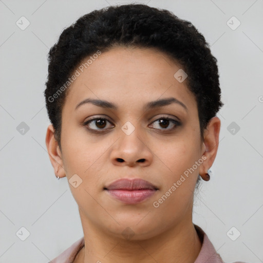 Neutral black young-adult female with short  black hair and brown eyes