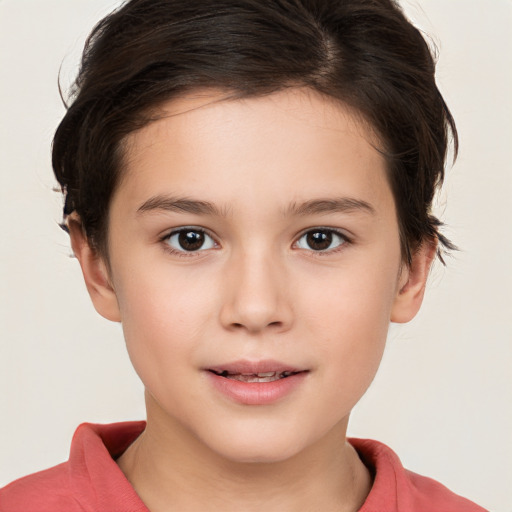 Joyful white child female with short  brown hair and brown eyes