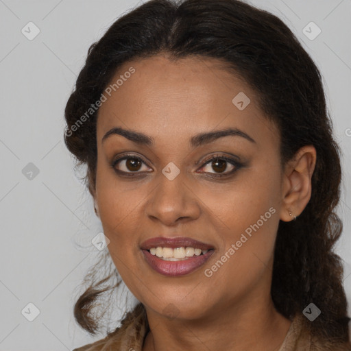 Joyful latino young-adult female with long  brown hair and brown eyes