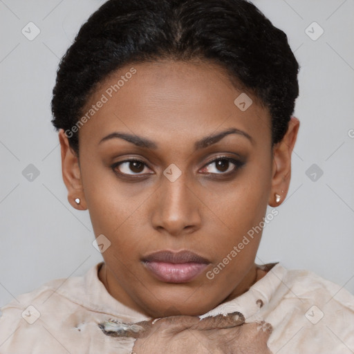 Neutral black young-adult female with short  brown hair and brown eyes