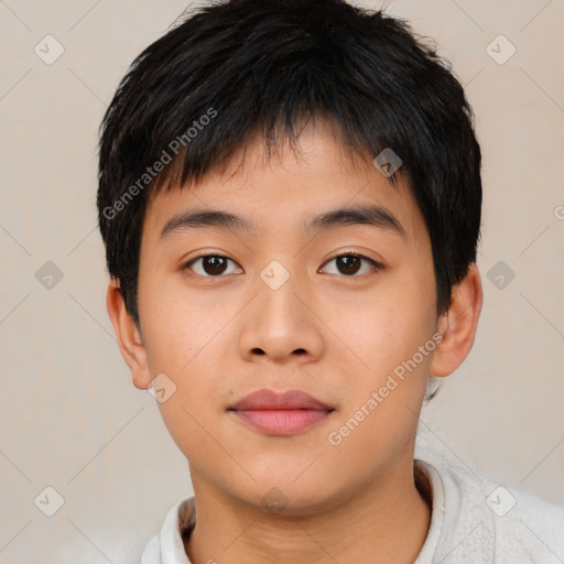 Neutral asian young-adult male with short  brown hair and brown eyes
