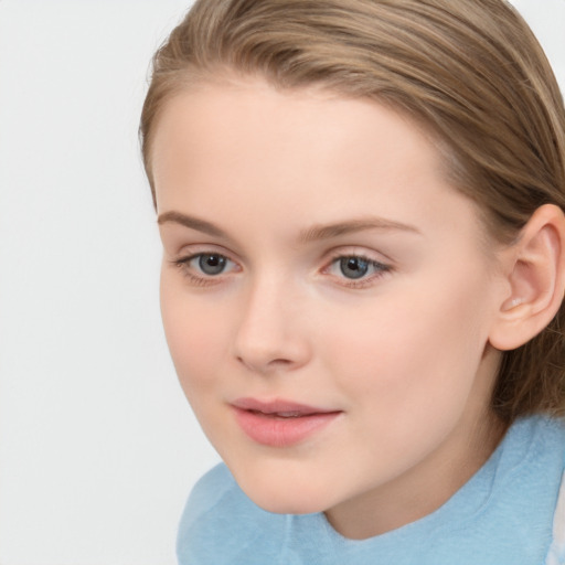 Joyful white child female with medium  brown hair and grey eyes