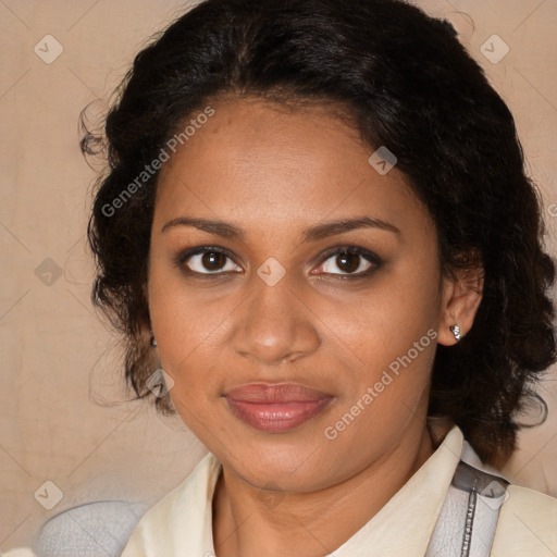 Joyful black young-adult female with medium  brown hair and brown eyes