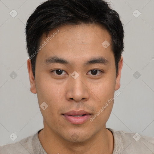 Neutral asian young-adult male with short  brown hair and brown eyes