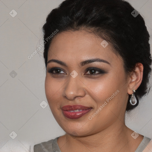 Joyful white young-adult female with short  black hair and brown eyes