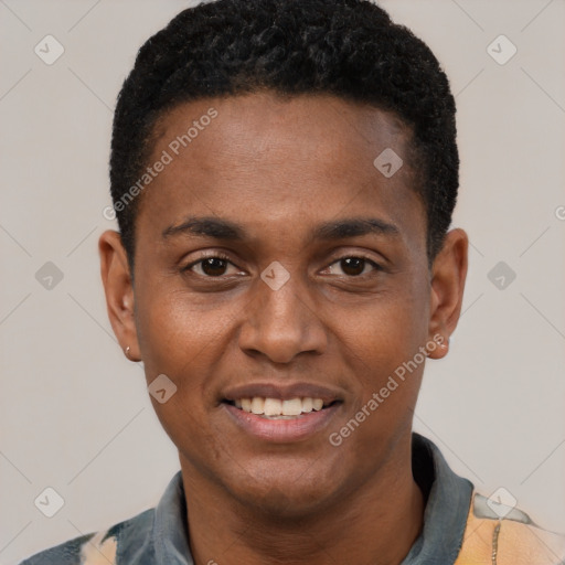 Joyful black young-adult male with short  black hair and brown eyes