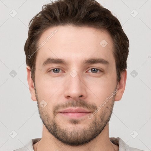 Neutral white young-adult male with short  brown hair and grey eyes