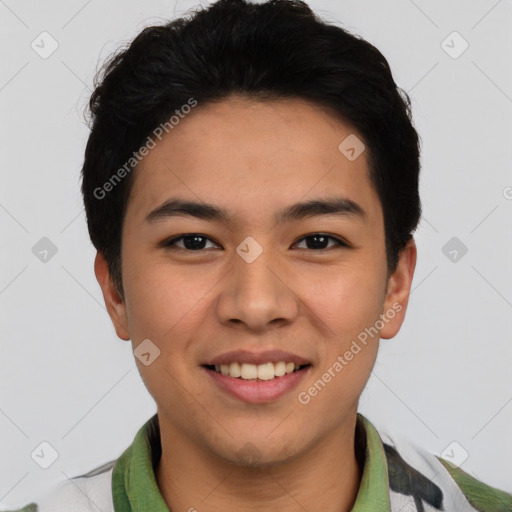 Joyful asian young-adult male with short  black hair and brown eyes