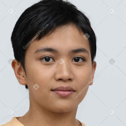 Neutral asian young-adult female with short  brown hair and brown eyes