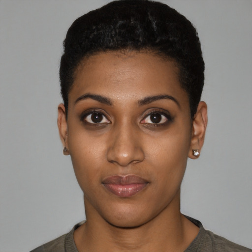 Neutral black young-adult female with short  black hair and brown eyes